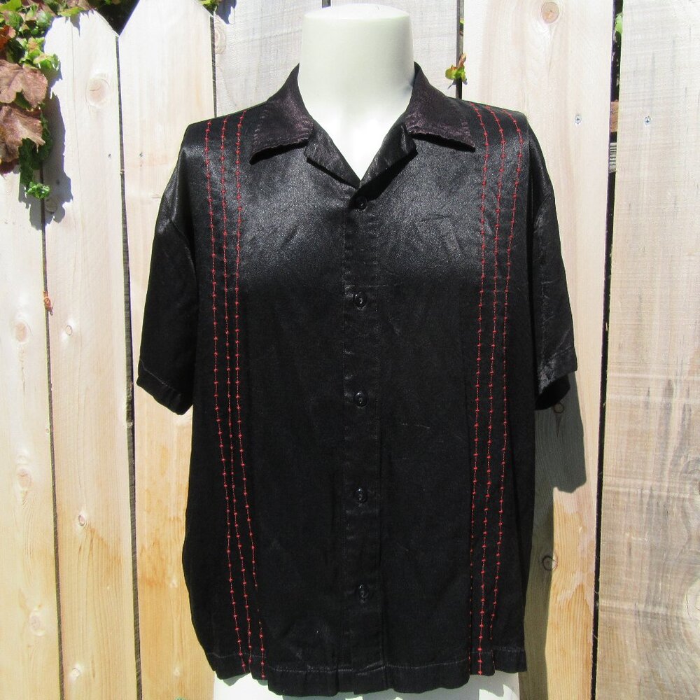 Vintage Steady Last Call Black Red Rockabilly Bowling Shirt Size Large